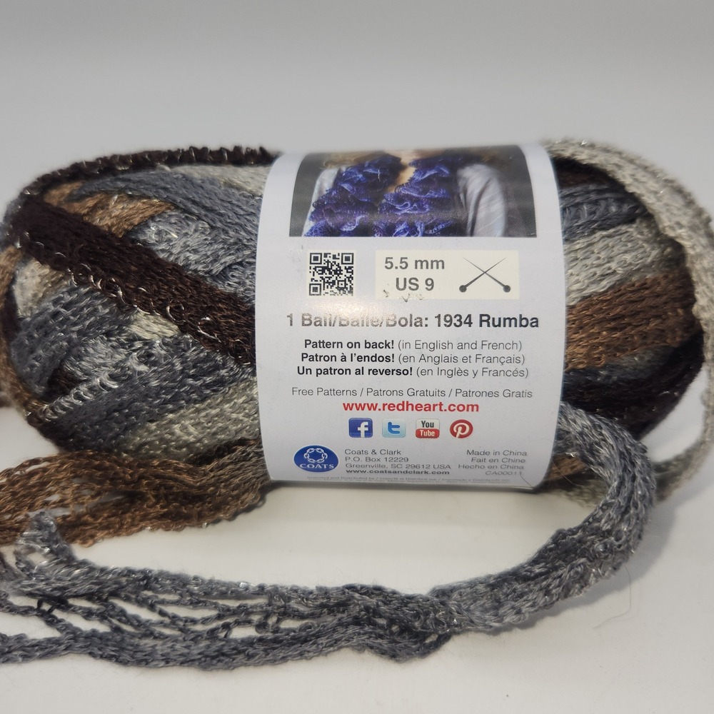 Red Heart Boutique Sashay Yarn Waltz Brown Grey Metallic Ruffle 3.5oz 30yd New - Picture 3 of 6